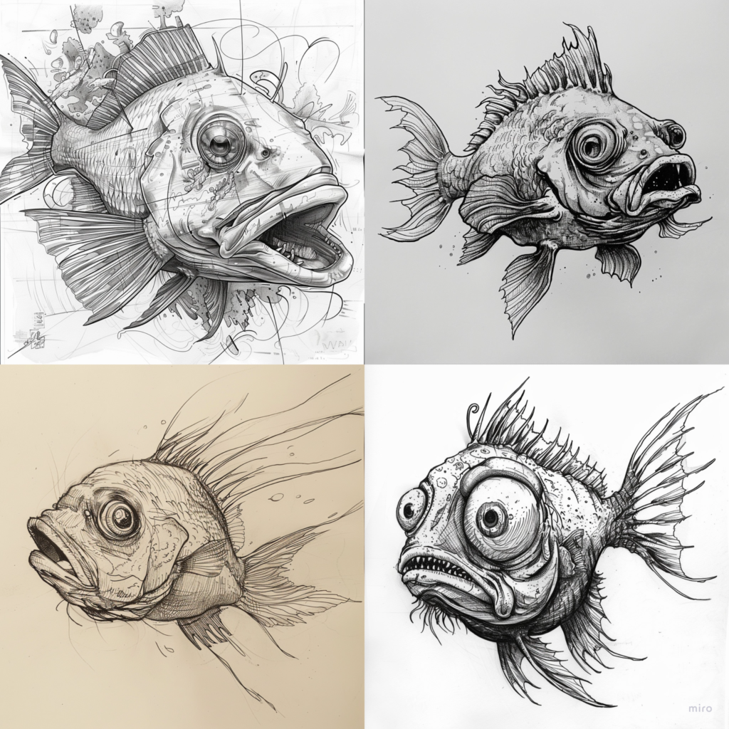 This image is a four-panel collage of detailed fish drawings, each with exaggerated features and distinct styles: the top-left shows a highly intricate, almost technical sketch of a fish with large fins, a wide-open mouth, and abstract background lines that create a dynamic, chaotic feel; the top-right features a cleaner illustration on a plain background, with spiky fins, a textured body, and an intense, wide-eyed expression; the bottom-left presents a softer, sepia-toned drawing with flowing lines and long trailing fins that suggest smooth movement and a calmer mood; and the bottom-right displays a bold, high-contrast fish with a large bulging eye, pronounced lips, and sharp, dramatic fins, giving it a slightly distressed or uneasy appearance—together emphasizing stylized, expressive fish rendered in varied artistic approaches.